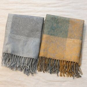 2-Piece Silky Damask Scarf Set | Grey & Teal with Gold Accents